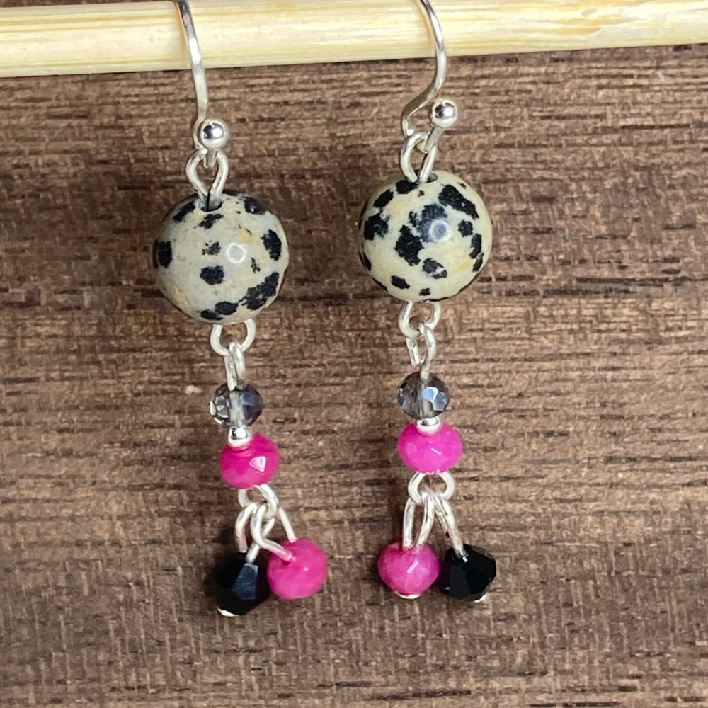 Handmade Dalmatian jasper,pink jade and silver earrings